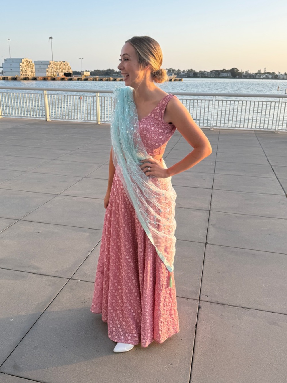 Pink Floral Lengha with teal tulle dupatta